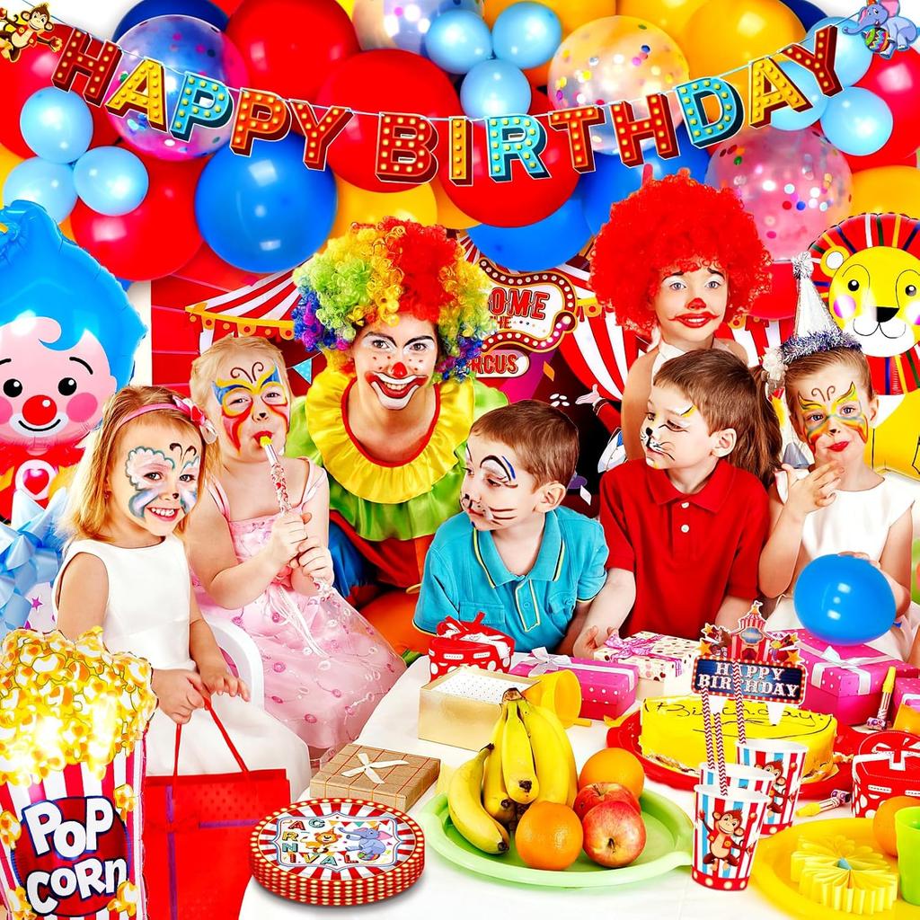 Carnival Theme Party Decorations, Circus Theme Party Decorations with Carnival Balloons, Carnival Backdrop, Tablecloth, Happy Birthday Banners, Cake