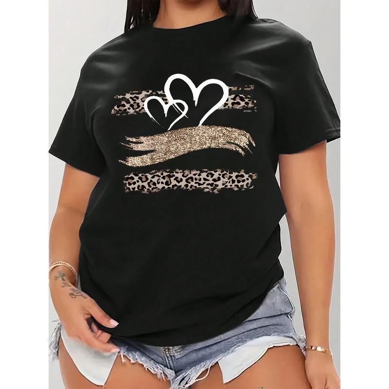 Europejski Rozmiar Damska Duży Rozmiar Czarny Lampart Serce Wzór Koszulka