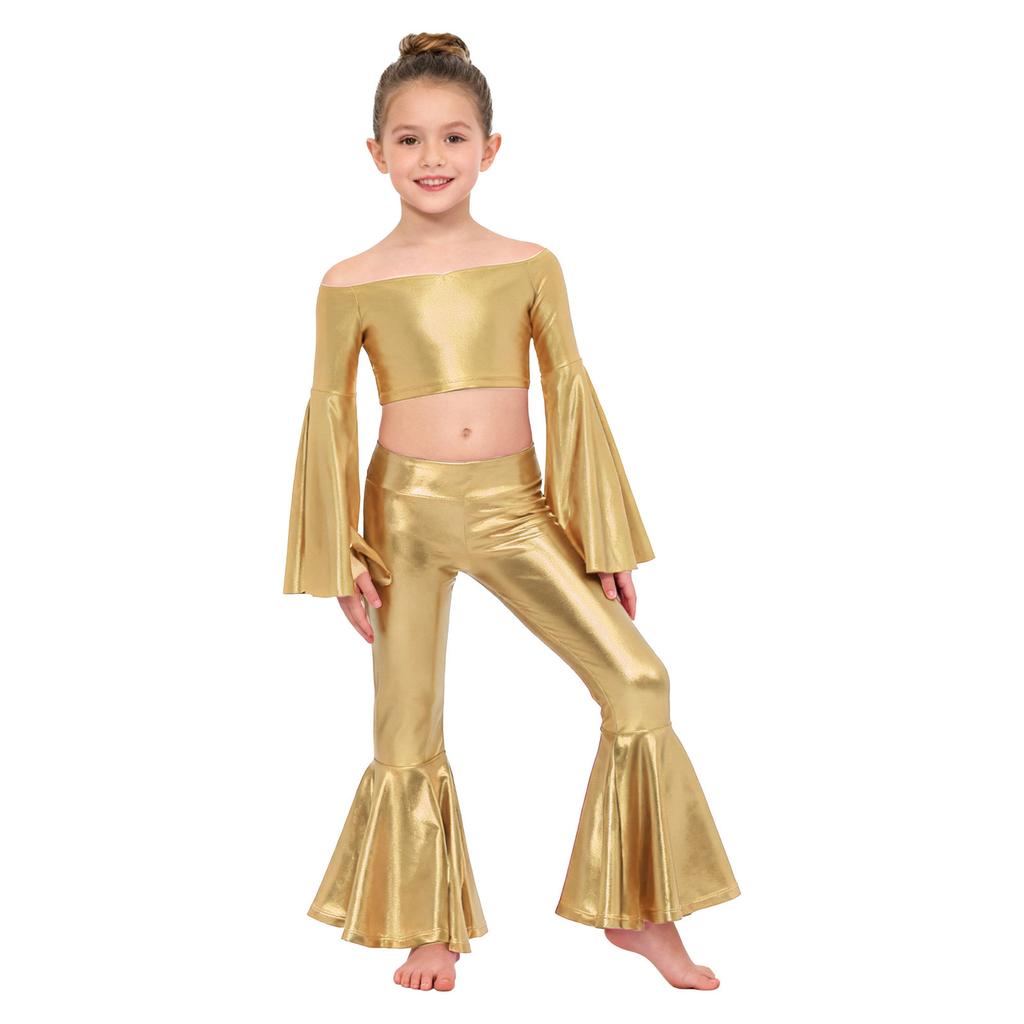 Top Corto Metallico da Ragazza Manica Lunga a Svasatura Scollatura a Barca Pantaloni a Zampa Lucidi Set per Esibizione sul Palco