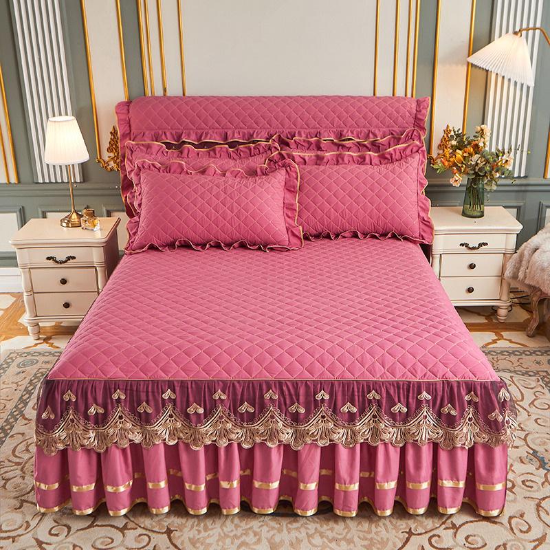 European solid color washed padded bed skirt four-piece set lace lace princess wind bed cover non-slip fixed Nordic