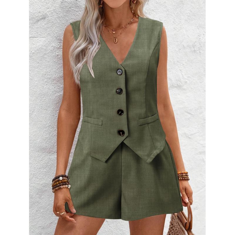 Elegant Women's V-neck Button Decor Vest & Shorts Two-Piece Set - 2025