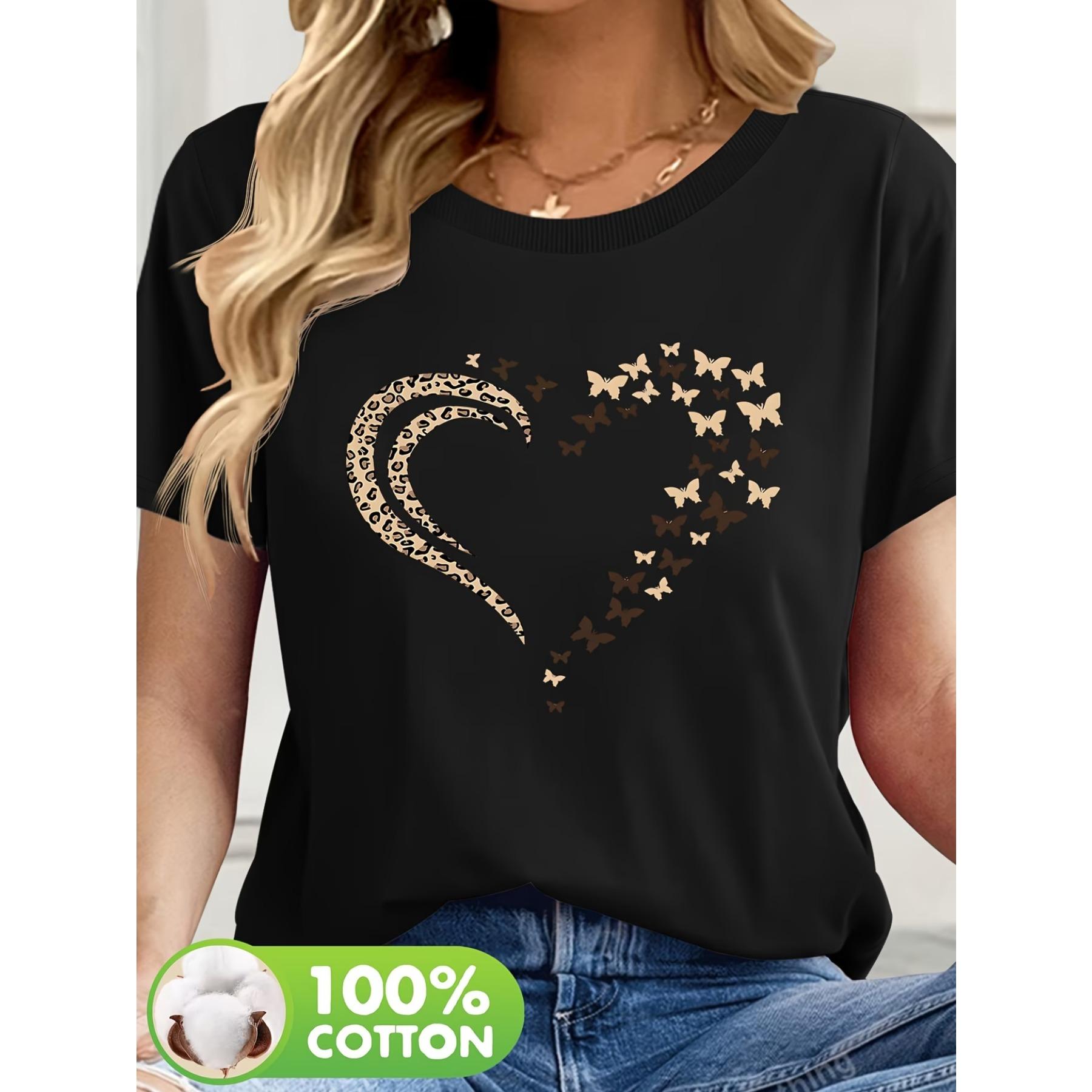 

Women Casual Short Sleeve T-Shirt with Heart & Butterfly Print Applique Design - Machine Washable Round Neck Summer Top S чёрный