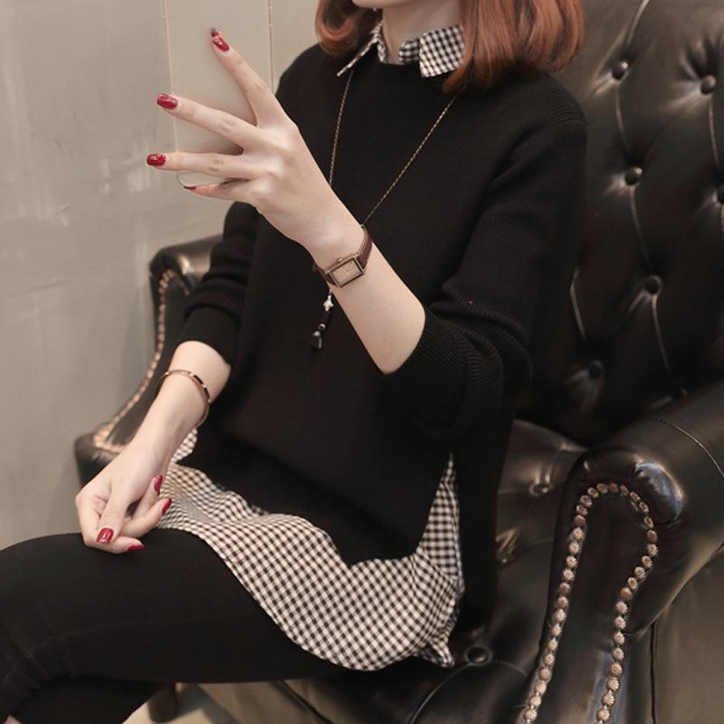 Fake Two-piece Sweater Women's Loose Knitted Patchwork Pullover Shirt Autumn Plaid Lapel Long Sleeve Split Sweaters