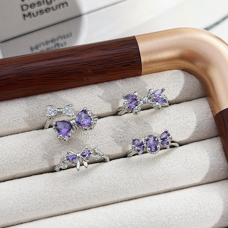Sweet And Cool Girl'S Heart Bow, Purple Zircon Diamond-Set Open Ring, Light Luxury Niche High-End Sense Stacked Index Finger Ring