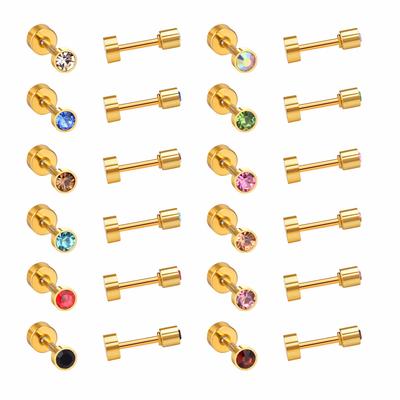 Wholesale 12pairs/Lots 3-6MM Rround Shape Stainless Steel Earrings Cubic Zirconia Screw Pack Colorful Studs For Girls Jewelry