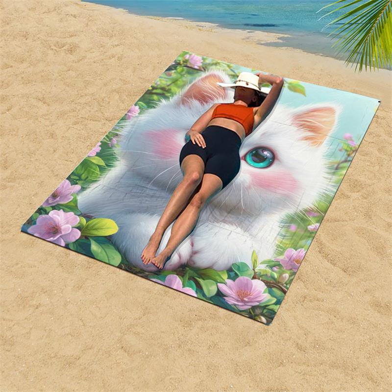 1PC  Cute White Cat Print Beach Towel, Quick Dry Sand Free Oversized Towel