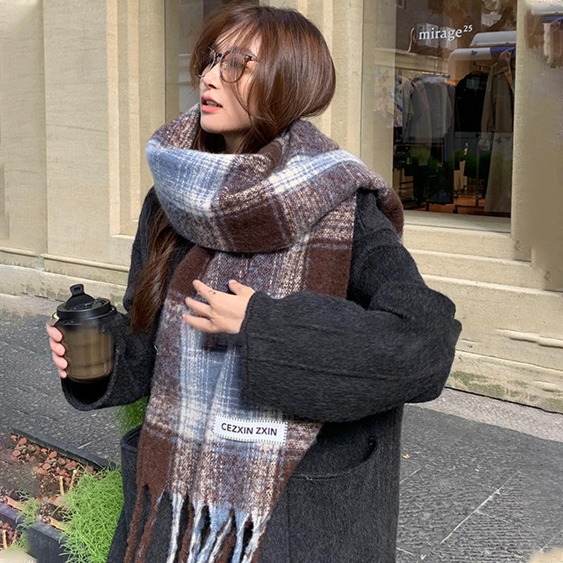 Korean version of mohair plaid scarf women's winter sea salt milk coffee blue thickened atmosphere warm student shawl scarf