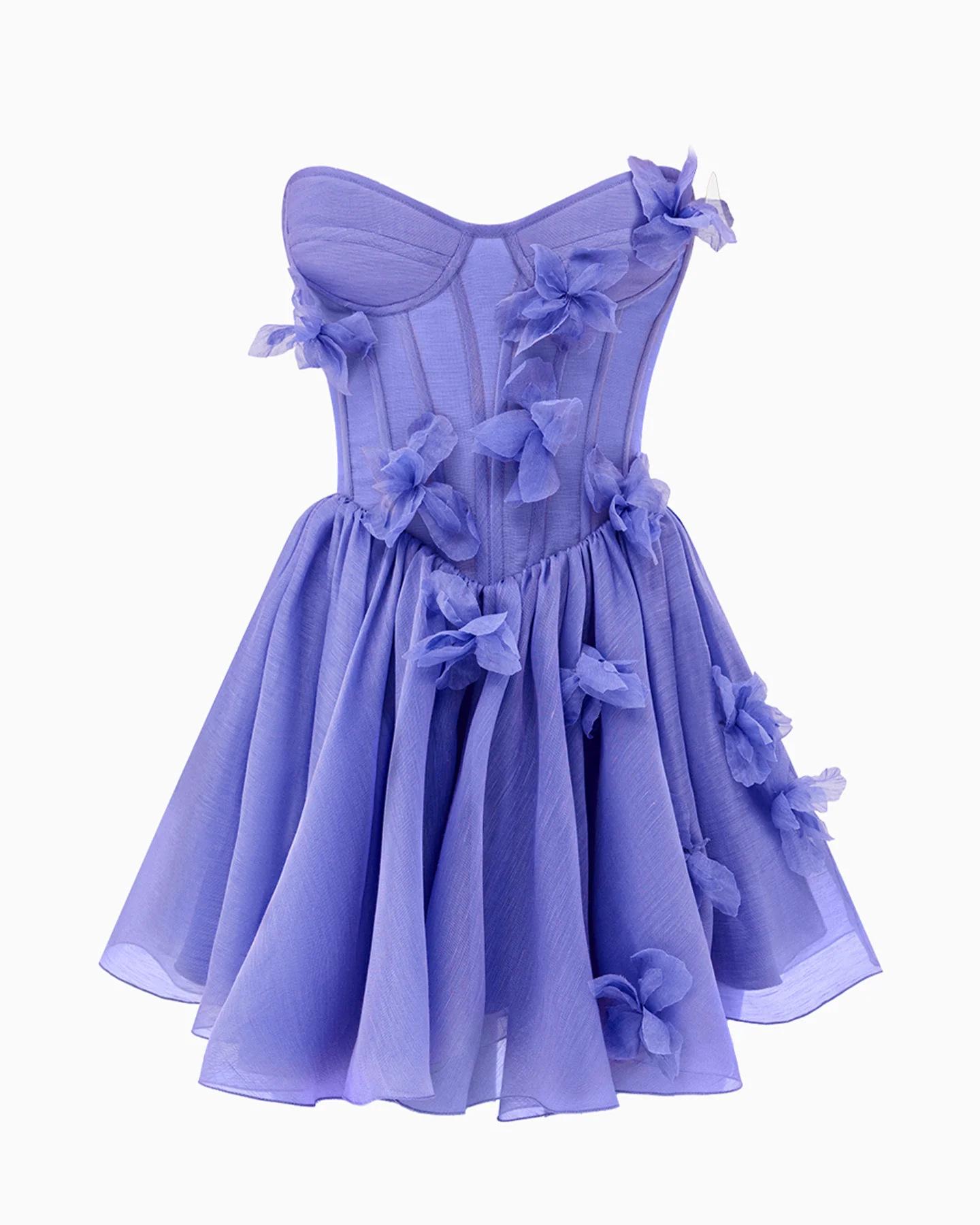 2026 European & American Women s Strapless Dress: 3D Floral, Fitted Waist, Short Length Small лаванды фиолетового