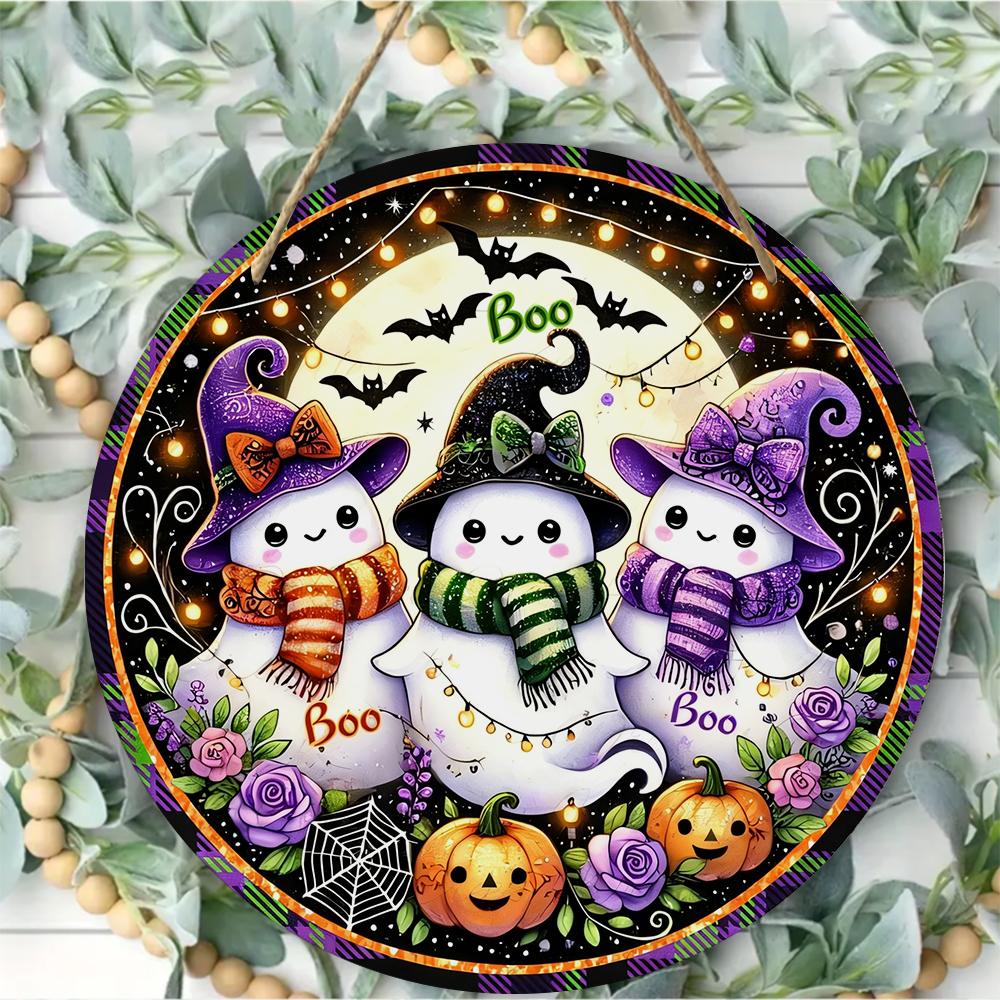 Cute ghost pumpkin pattern round wooden hanging plaque vintage Halloween wall decor festive home porch ornament indoor outdoor holiday sign