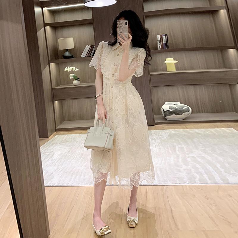 French Heavy Industry Lace Embroidered Lapel Single-breasted Waist Slim Dress Dress