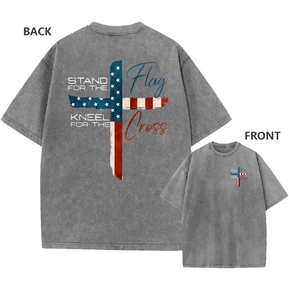 Mens Vintage Oversized Washed TShirt Cotton Flag Cross Faith Casual Tee XL