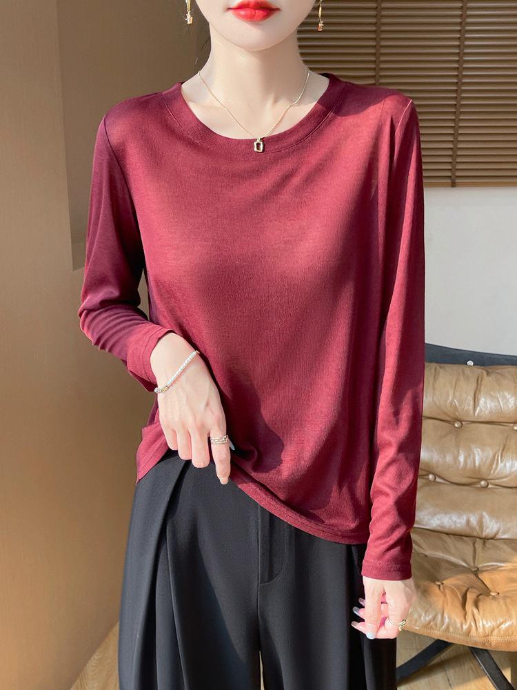 Women's Long Sleeve Round Neck Tencel Cotton Sheer T-Shirt - Slimming, Loose Fit, Knit Base Layer, New Basic Style