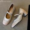 Fashion Ballet Marie Janes High Heels Shoes Women Square Toe Sandals Summer 2025 Shallow Retro Dress Trend Soft Leather Chunky Pumps