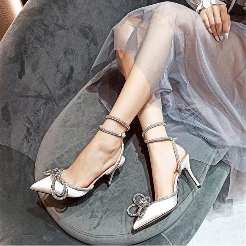 Aneikeh 41 42 PVC Stil Glitter Strass Frauen Pumpen Kristall Bowknot Satin Dame Seide High Heels Party Schuhe 2023 Frühling NEUE
