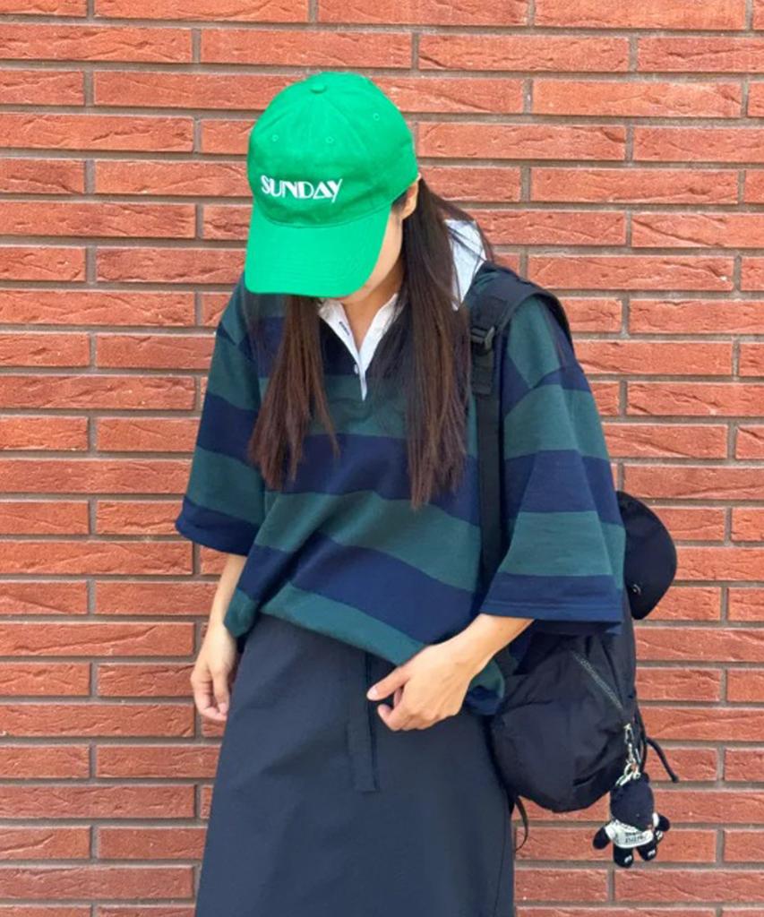 UNKNOWN PLANET Striped Rugby Collared Short Sleeve Shirt Green