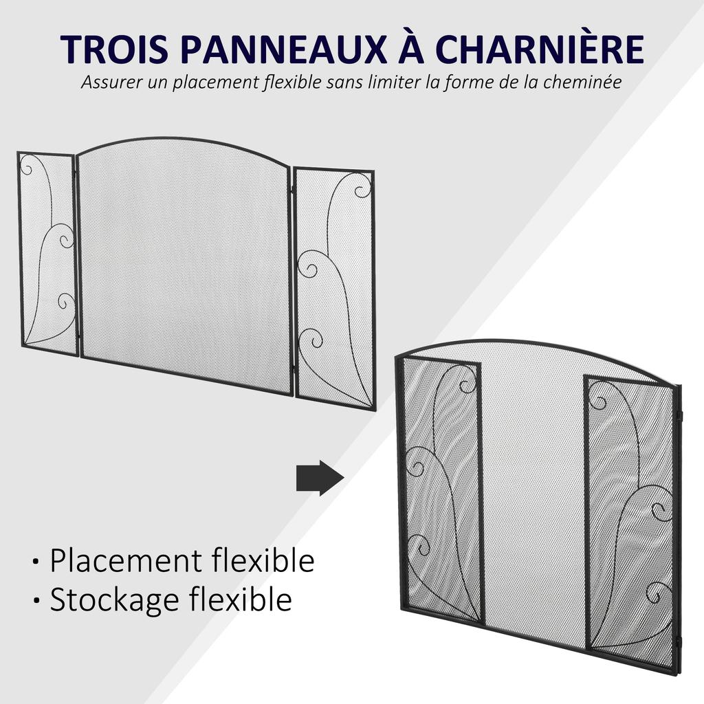 Fire screen for fireplace or stove elegant design Spark guard 3 Foldable Panels dim. 132.5W x 76.5H cm Black metal steel
