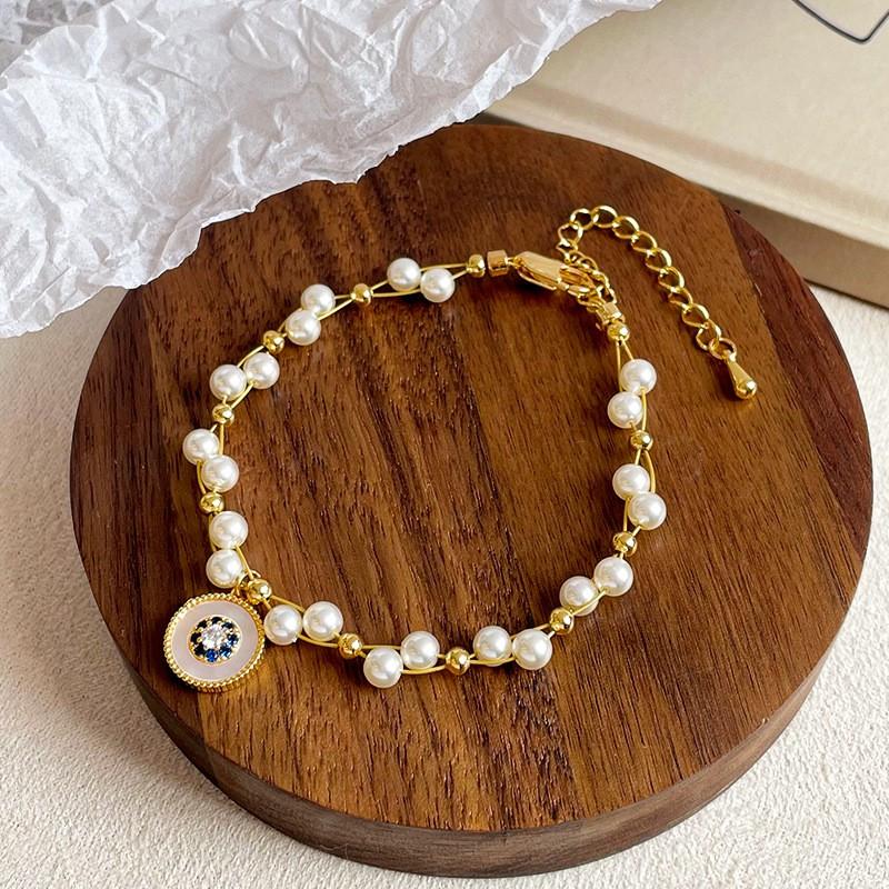 Handmade Geometric Star Pendant Pearl Chain Bracelet Set Women With Mother-of-Pearl Bead Adjustable Length 41-50cm