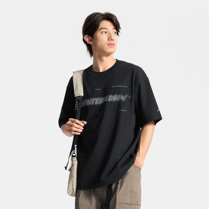 Li Ning CF Letter Round Neck Comfortable Breathable Versatile Loose Short Sleeve T-Shirt Men Tops Black ATSV191-1
