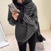 Korean Style Women's Color Block 100% Wool Striped Hooded Sweater, Winter Mid-Length Slimming Hoodie