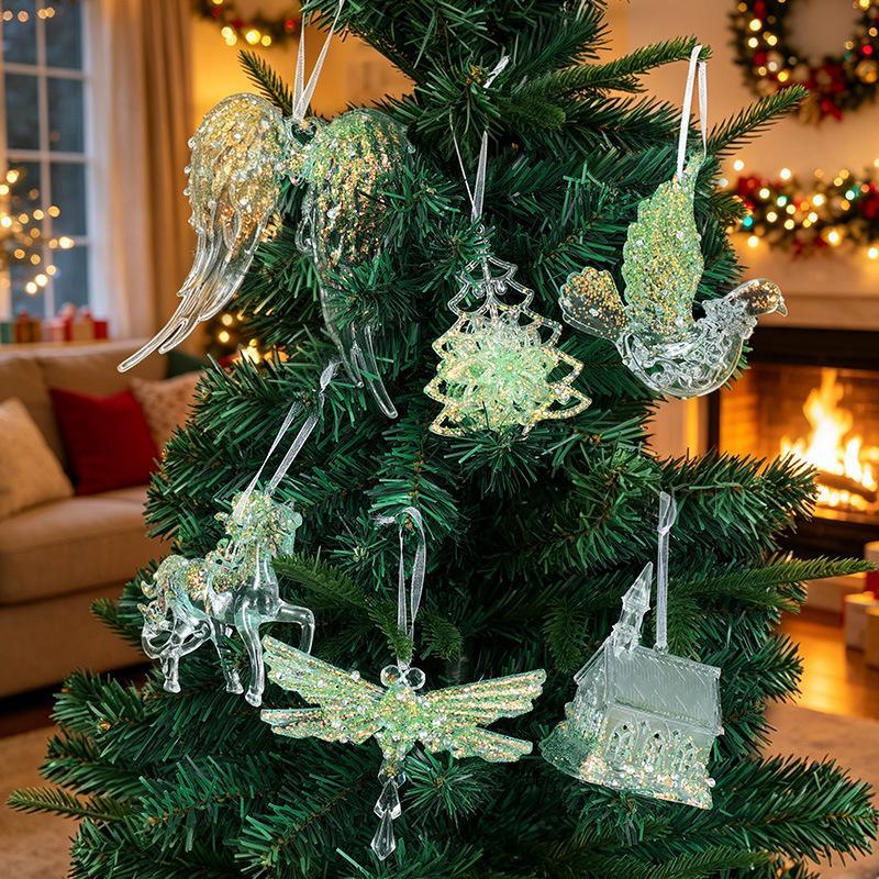 Green Glitter Christmas Hanging Ornament Sparkling Reindeer/High Heel/Tree /Snowflake Designs Pendants With Ribbon Decor