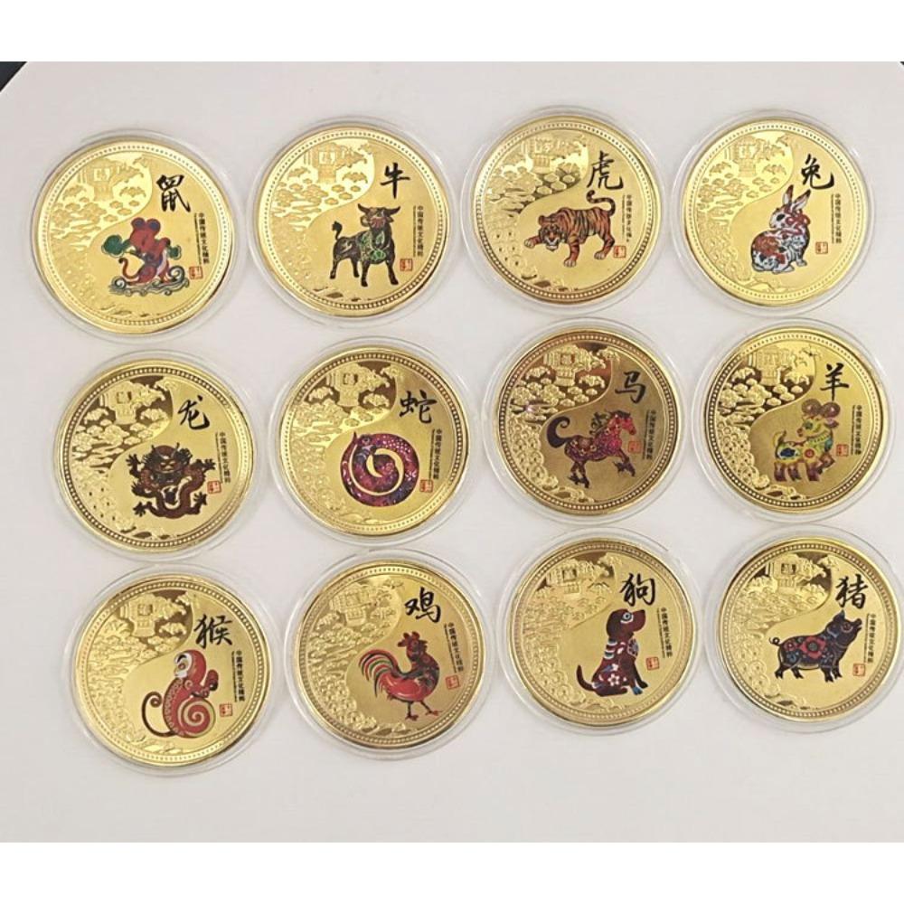 Färgglada stjärntecken, Minnesmedaljer, 12 stycken, Komplett set, Guldmynt presentförpackning, Stjärntecken minnesmynt, Metallhantverkspresenter