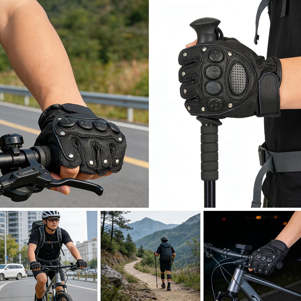 Bike Gloves Half Finger Summer Breathable Anti-slip Rivets Black Leather Shockproof MTB Road Bicycle Gloves Cycling Shorts Glove