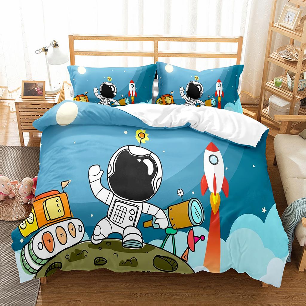 Astronaut Skateboard Duvet Cover Set King Queen Full Size For Kids Boys Girls Bedding Set Cartoon Style Polyester Quilt Cover