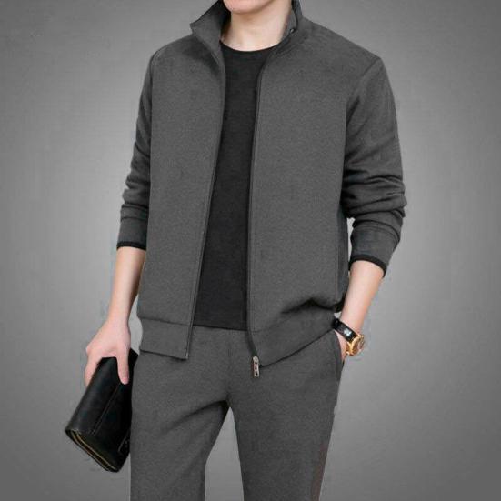 2Pcs/Set Men Sport Outfit Lapel Long Sleeve Zipper Placket Coat Elastic Waist Pockets Long Pants Set Solid Color Sweatshirt Sweatpants Set