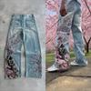 BeatStreet Vintage Cherry Blossom Black Knight Embroidery Jeans Y2k Retro Baggy Straight Denim Pants Blue Wash Jean