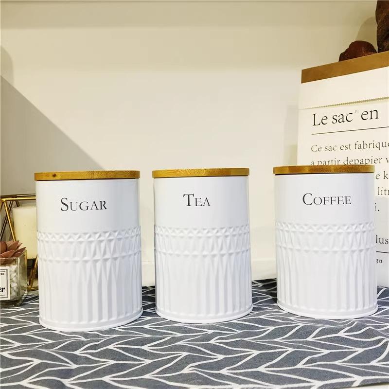 Nordic Iron Tea Canister Coffee Bean Jar Kitchen Sugar Snack Storage Moisture-Proof Bamboo Lid Sealed Container