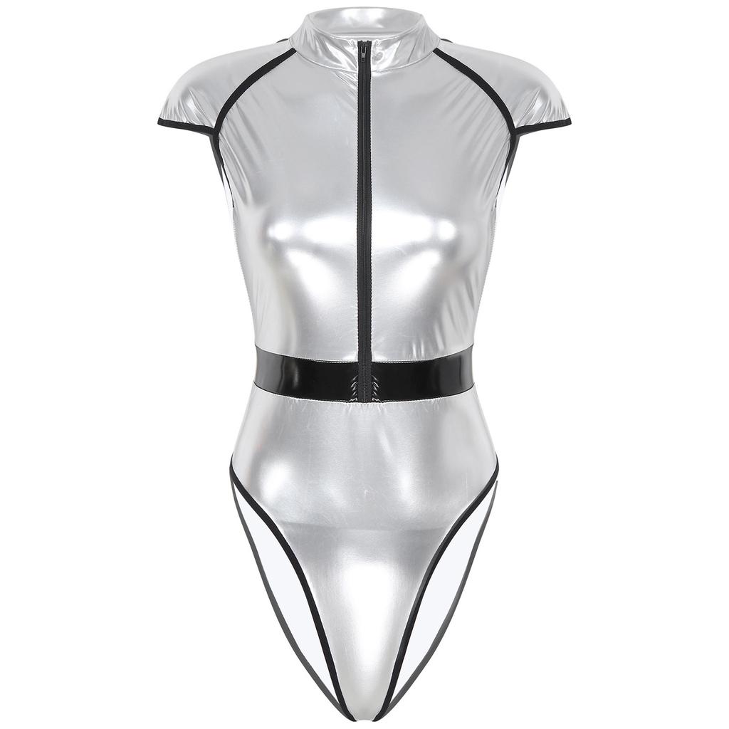 Womens Halloween Saucer Man Costume Role Play Design Mock Neck Zipper Front Bodysuit Cap Sleeve Catsuit