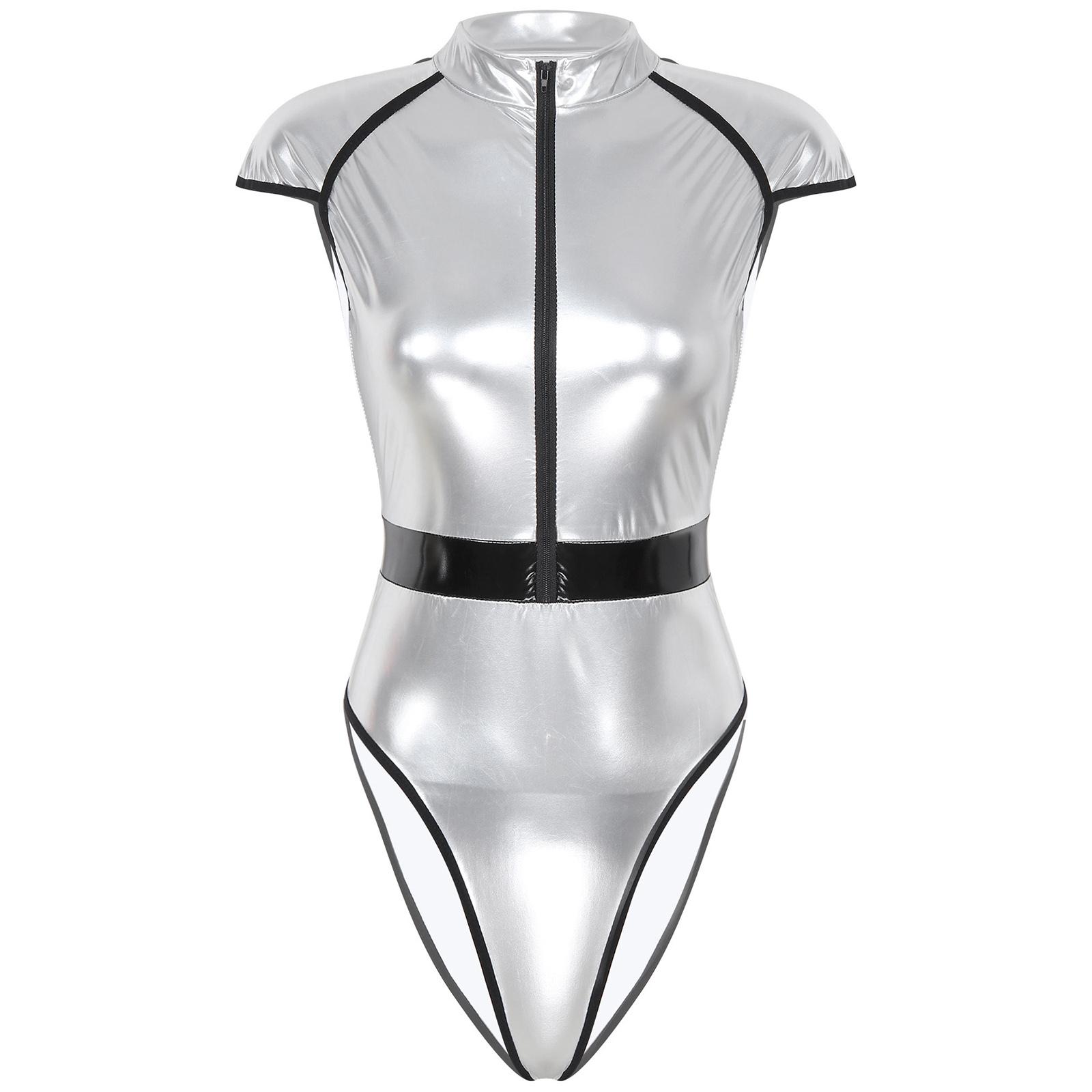 

Womens Halloween Saucer Man Costume Role Play Design Mock Neck Zipper Front Bodysuit Cap Sleeve Catsuit