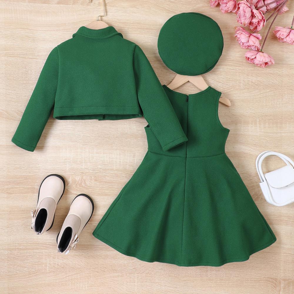 3 szt. Zestawy ubrań casualowych dla dzieci Stroje dla dziewczynek 2024 Jesień Zima Nowy Maluch Płaszcz Tweedowy Sukienka Tank Top Czapka Moda Dzieci