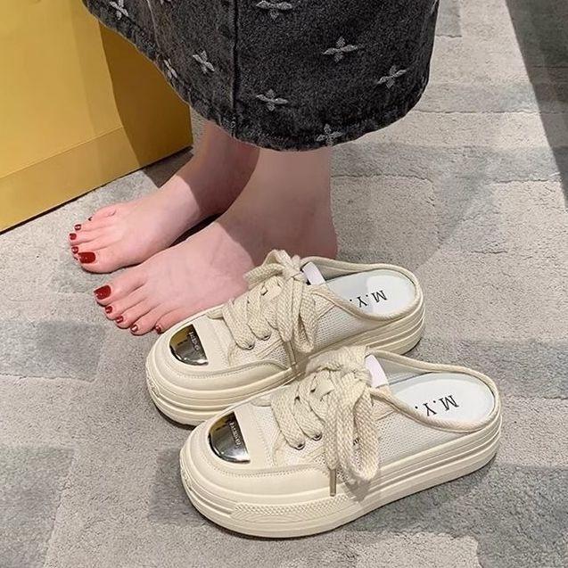 Internet celebrity thick-bottomed bag head half slippers outer wear summer women 2025 new mesh breathable casual small white cool slippers