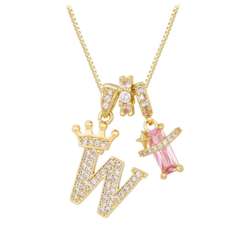 Copper Zirconia Letter Necklace with Gold-Plated Crown Pendant – Fashionable 26-Letter Accessory