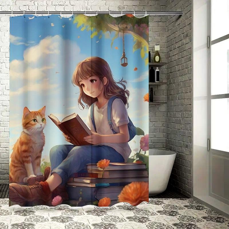 Girl Reading With Cat Waterproof Shower Curtain