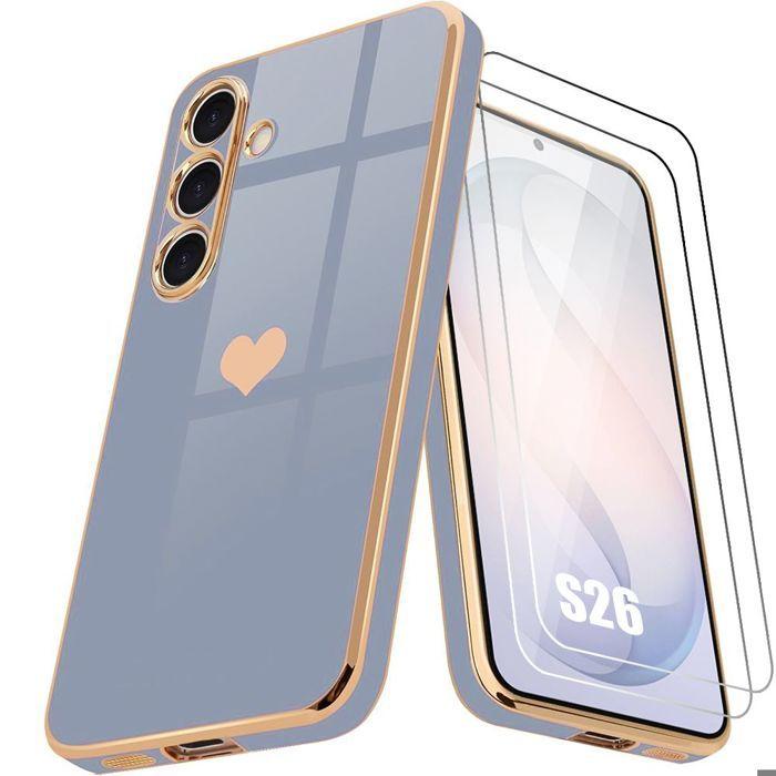 Coque Silicone - BOOLING - pour Samsung Galaxy S26 - Souple Motif Cœur - Bleu - 2 Verres Trempés