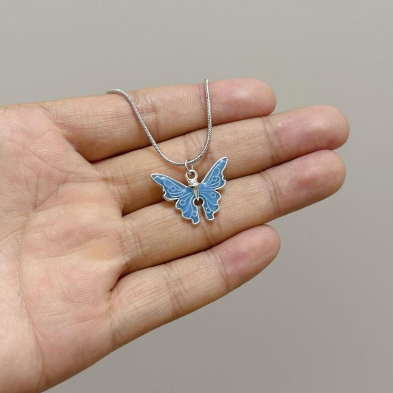 

Summer Blue Stone Butterfly Pendant Double Layer Necklace For Women Fashion Daily Accessory Party Zircon Birthday Gifts синий