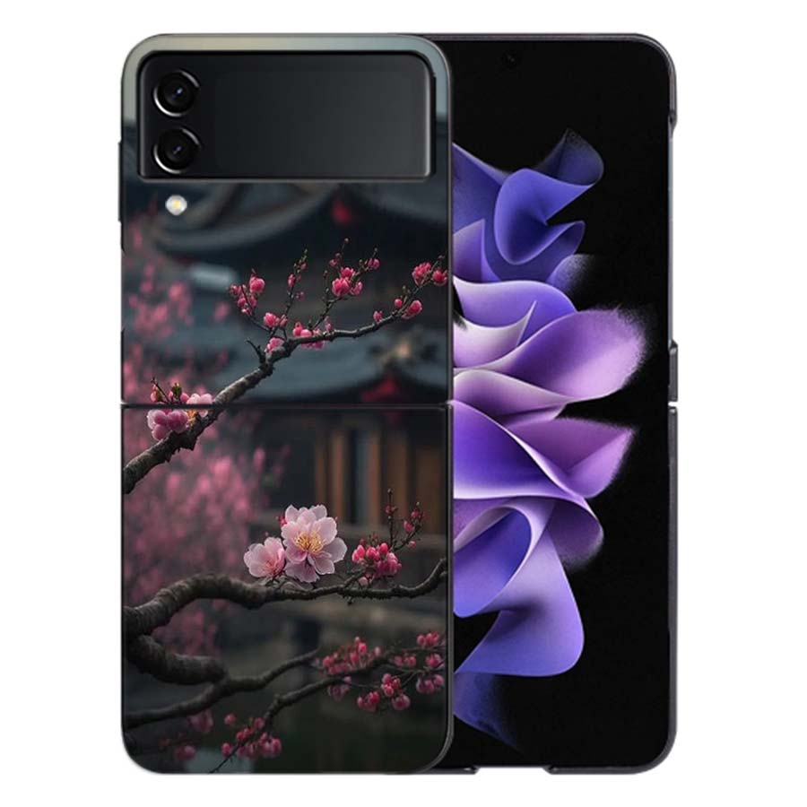 Snowy Peach Blossom Tree in Front of the House Phone Case For Samsung Z Flip 6 7 5G Galaxy Z Flip 5 4 3 5G Cases Shockproof Hard