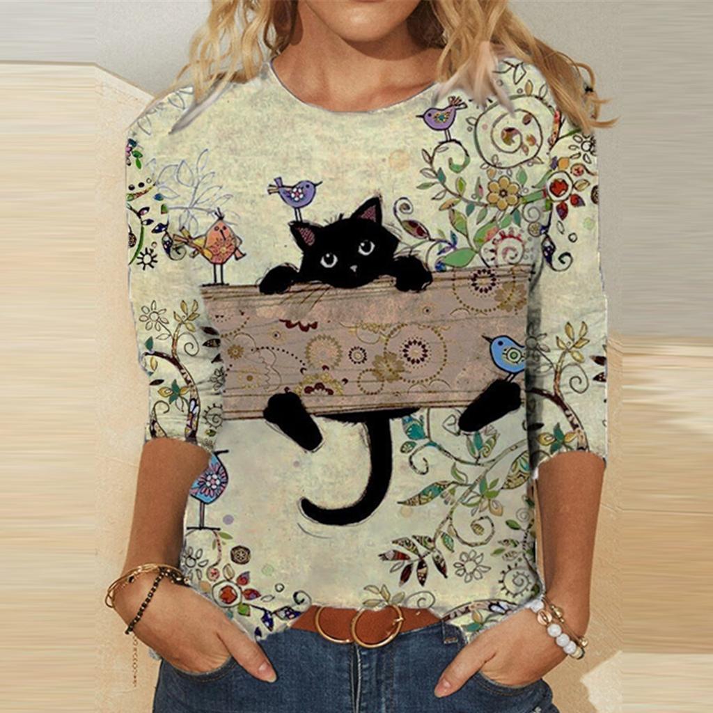 Women's  Casual Fashion Round Neck Print Long Sleeve Pullover T-shirt Tops