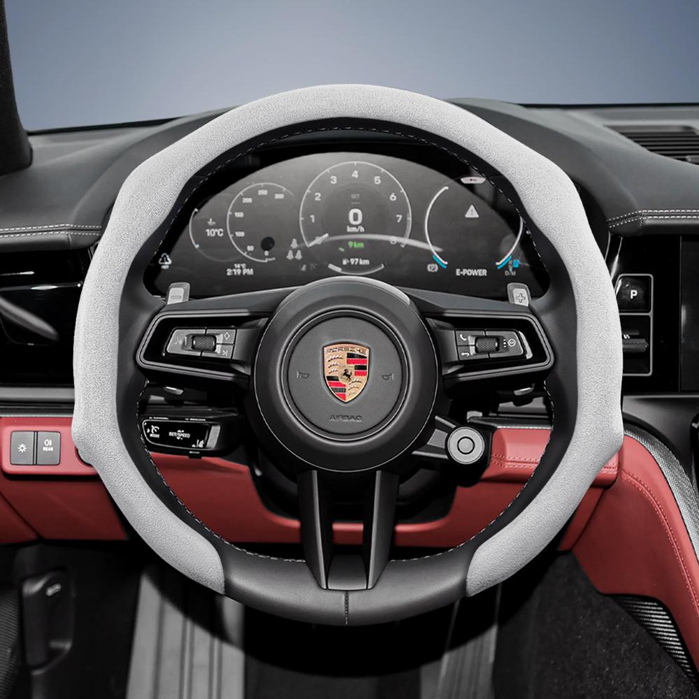 Suitable for Porsche Premium Suede Snap-On Steering Wheel Cover, Non-Slip and Durable Cayenne 996 Macan 957 Volante Boxster 986 718 Alcantara Turbo