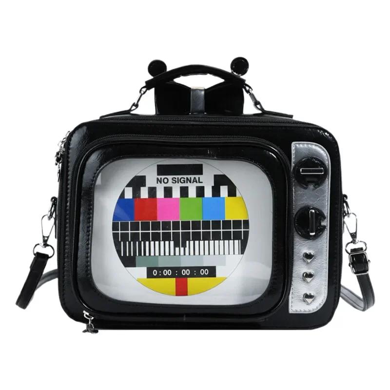 

Large TV Shape Ita Bag Retro Style Women s Shoulder Backpack Leather Handbag Cartoon Square Design Personalized Square Bag чёрный