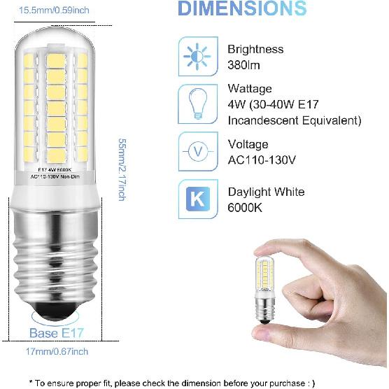 E17 LED Bulbs Under Microwave Over Stove Lights, Daylight 6000K, 40W Incandescent Equivalent, Non-Dimmable, Pack of 2