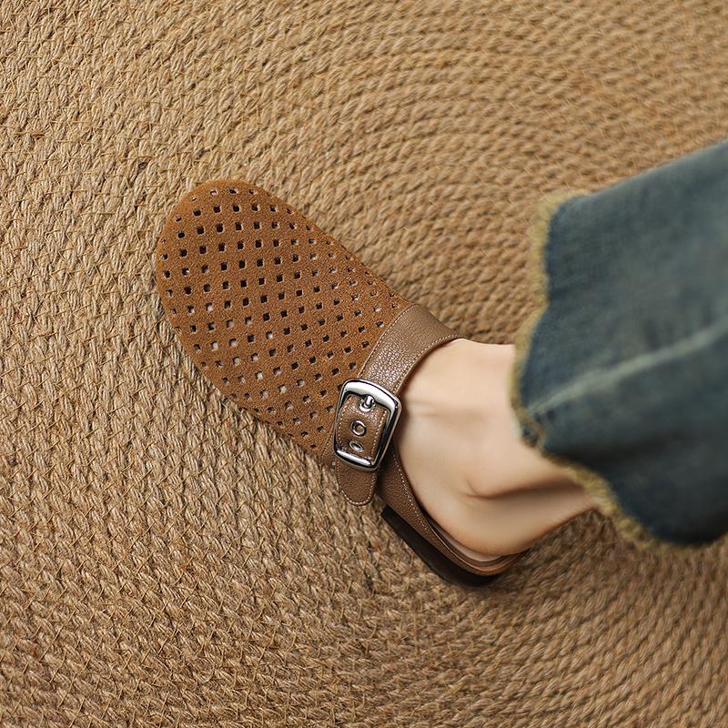 Fashion 2025 New Fashion Cow Suede Mueller Slippers Woman Low Heel Soft Bottom Casual Shoes Breathable Mesh Shoes Woman Fashion Shoes