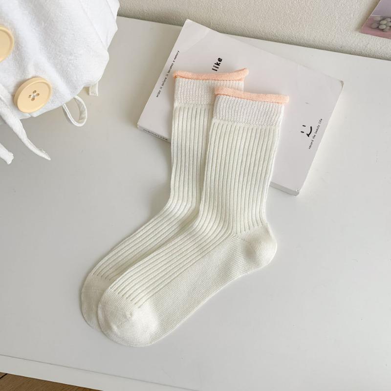 Thin Solid Color Vertical Striped Stack Socks, Breathable Mesh Double-layer Socks, Mouth Tube Women's Socks with Sweet Curled Edges