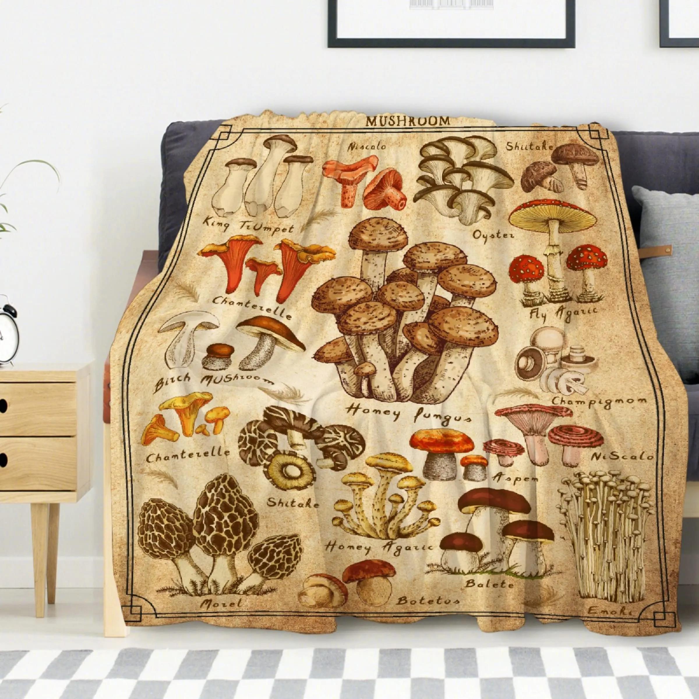 Vintage Botanical Mushrooms Blanket Retro Illustration Throws Blanket Fungus Botanical Plants Weed Plush Soft Flannel Blankets 100cmx150cm