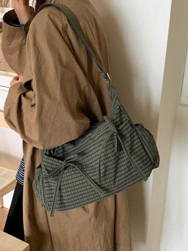 Nylon Urban Minimalist Single Shoulder Bag With Tie Closure For Daily Use