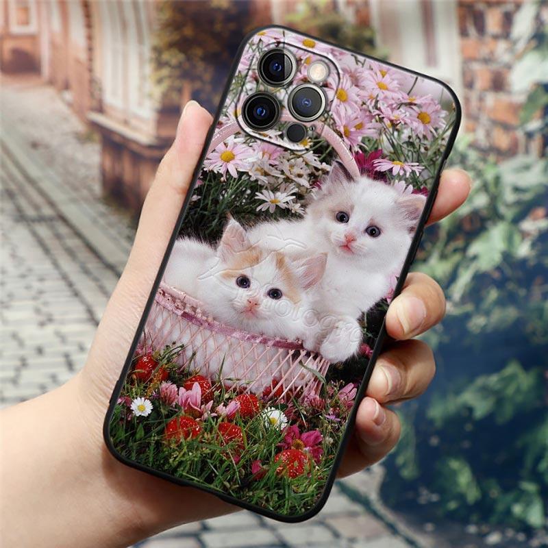 Apple Hülle für iPhone 11 12 13 mini Pro Max XS X XR 7 8 6 plus SE 2020 Weiche Silikonhüllen Cover Niedliche Cartoon Katze Blume Tier