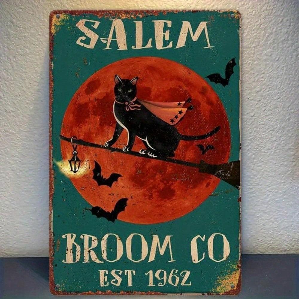 Vintage Halloween Metal Wall Art Broom Witch Cat Salem Decor Goth Home