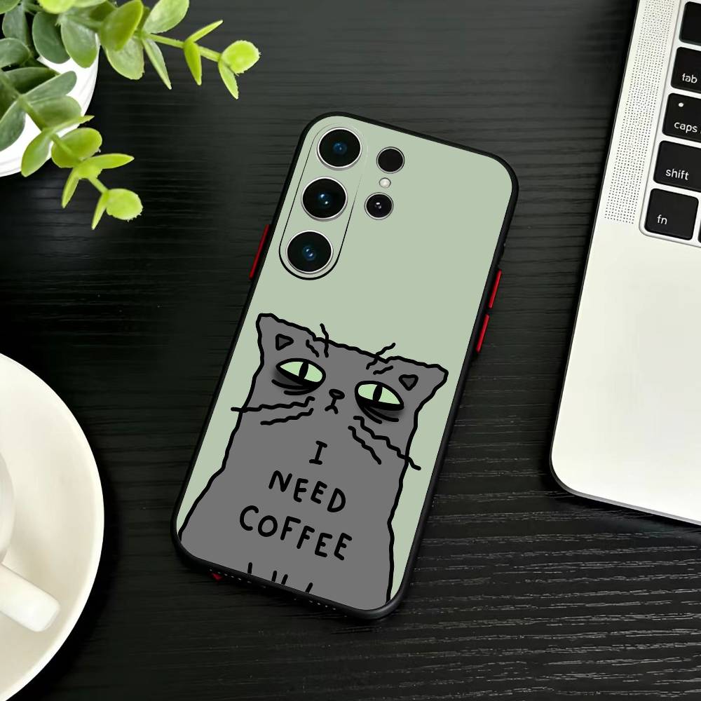Striped Shirt Coffee Cat Phone Case For Samsung S26,S25,S24,S23,S22,S21,S20,Ultra,Plus,FE Black Soft Cover
